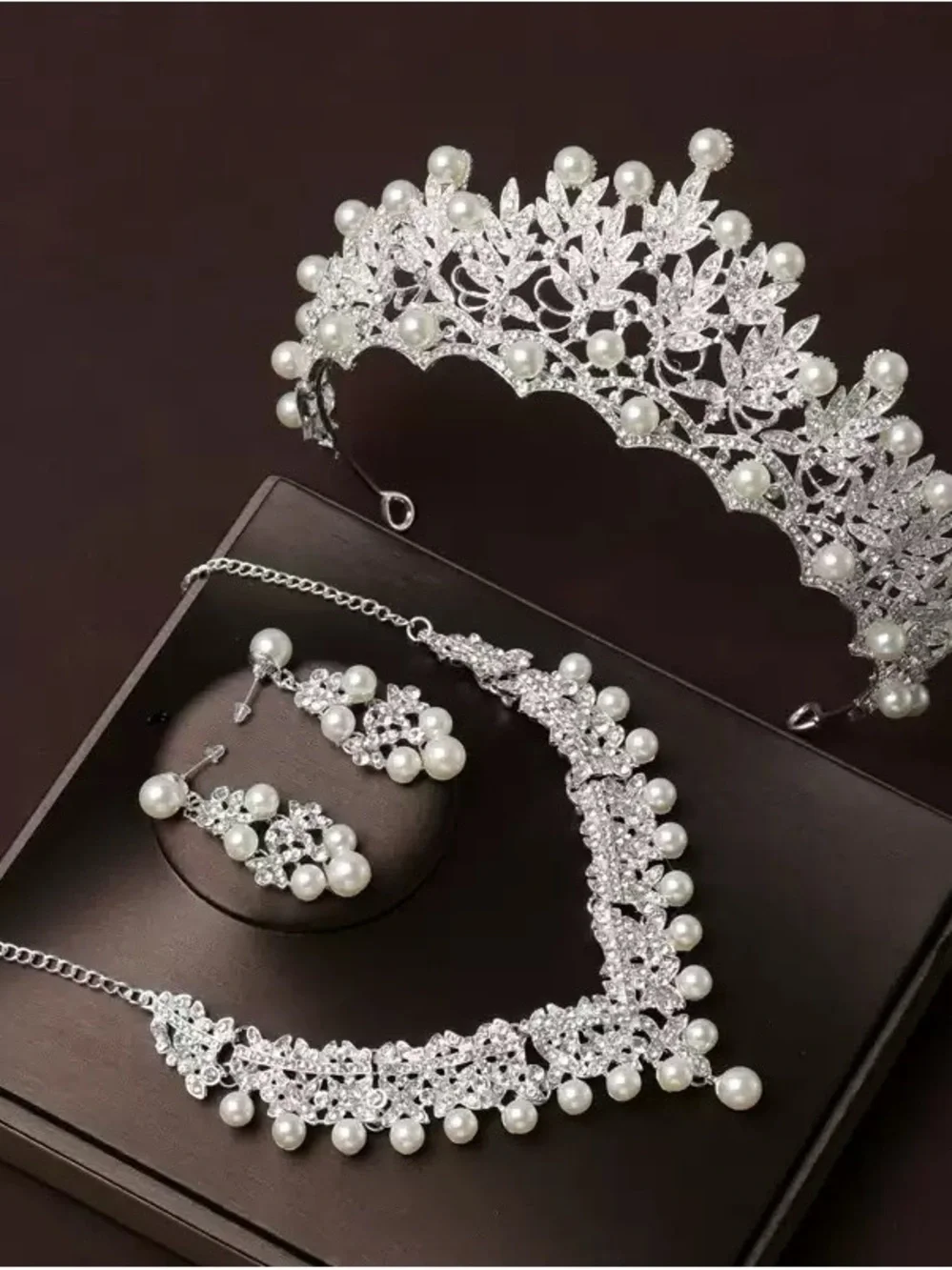 Silver Pearl & Crystal Bridal Tiara Necklace Earring Set